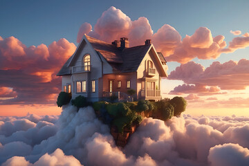 3d house floating on clouds