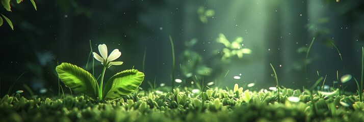 Spring abstract  fresh grass and delicate flowers in a serene dance of light and shadow