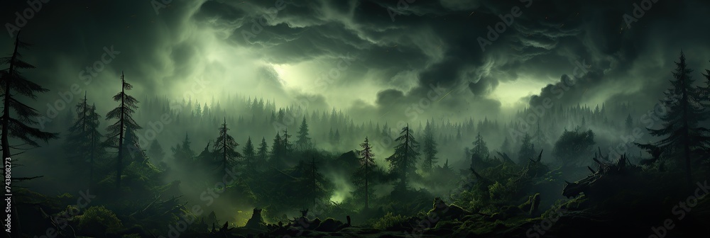 Poster dense forest filled with an abundance of majestic trees, creating a captivating and serene atmospher