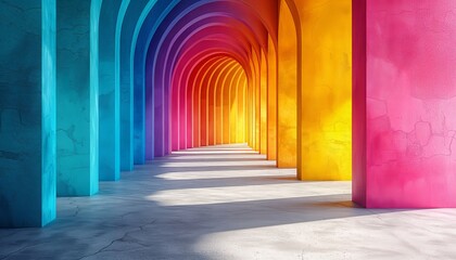 Vibrant Rainbow-Colored Arched Corridor with Concrete Floor