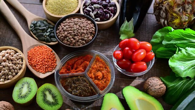 Food products representing the vegan diet. Veganism.
