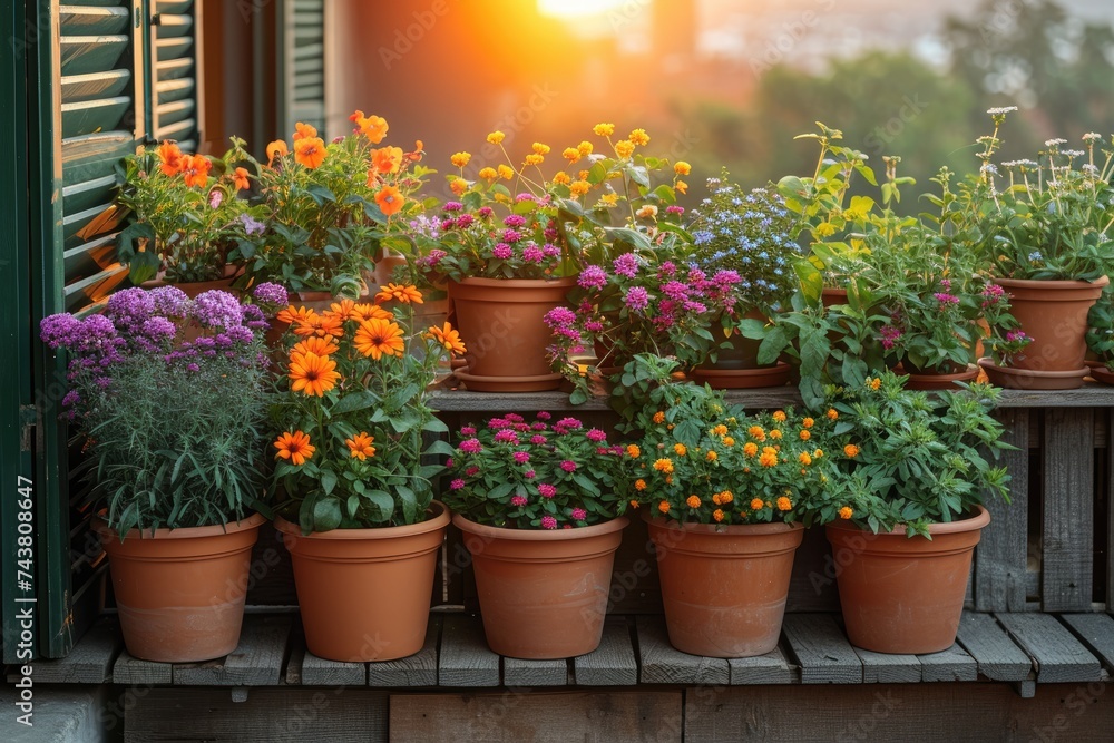 Poster a group of vibrant potted plants are basking in the sunlight as they sit neatly arranged on top of a