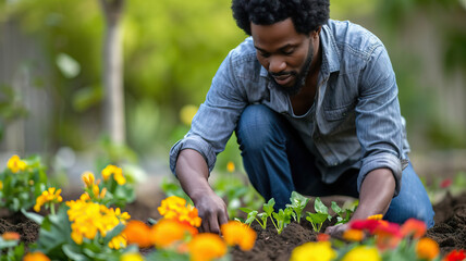 Naklejka na ściany i meble Gardening in the Spring: A black person tending to a garden, planting new flowers and vegetables in the fresh spring soil