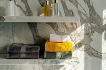 Colorful Towels on Shelf Against Marble Wall
