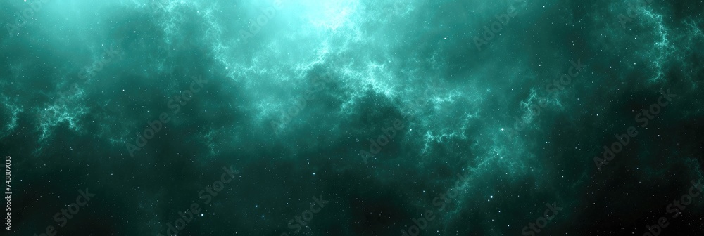 Poster ethereal green nebula with glowing clouds and starry background in deep space.