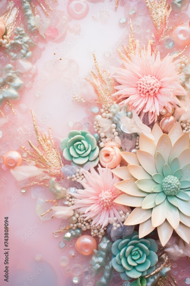 Poster A colorful array of flowers arranged on a table, filling the space with beauty and fragrance. Each bloom uniquely adds to the overall visual harmony