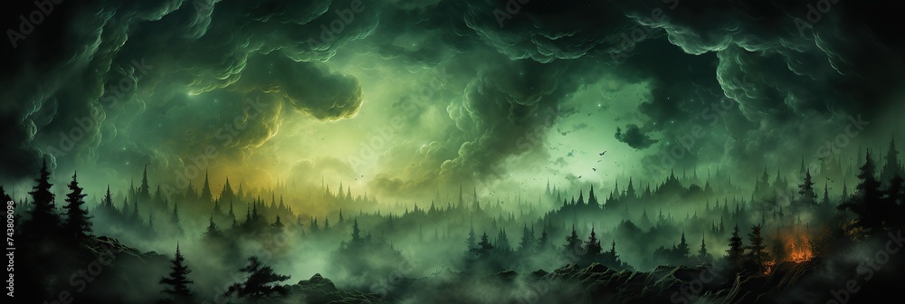 Poster Lush forest teeming with a myriad of trees, each one reaching towards the sky, creating a serene and magical environment filled with life