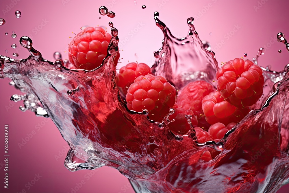 Poster juicy raspberries dancing in a splash of water, creating a vibrant and refreshing scene that bursts 