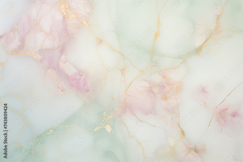 Poster a mesmerizing close-up of a marbled surface showcasing a delicate blend of pink and green colors, cr