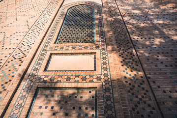 Eastern architecture of buildings, madrasahs, mausoleums and mosques made of brick and mosaic...