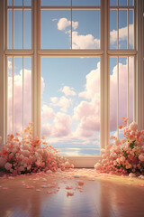 room with pink flowers and windows overlooking a bright sky with white clouds. vertical orientation - obrazy, fototapety, plakaty
