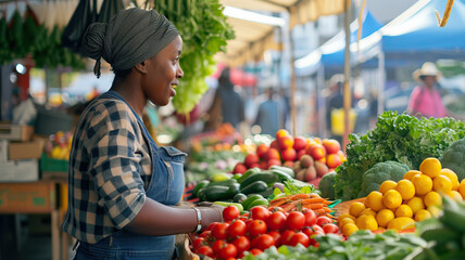 Springtime Farmers Market: A black vendor selling fresh produce at a bustling farmers market,...