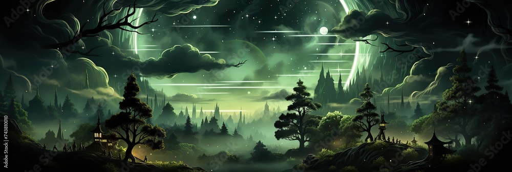 Poster A vibrant painting featuring a dense forest filled with an abundance of towering trees, creating a lush and serene landscape