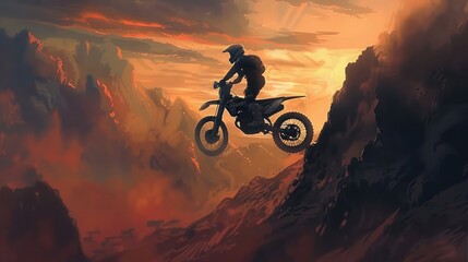 Dirt bike rider is flying high in evening - obrazy, fototapety, plakaty