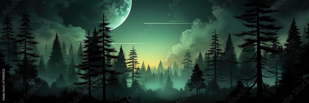 Poster a serene night scene illuminated by a full moon, casting a soft glow on the silhouette of tall trees