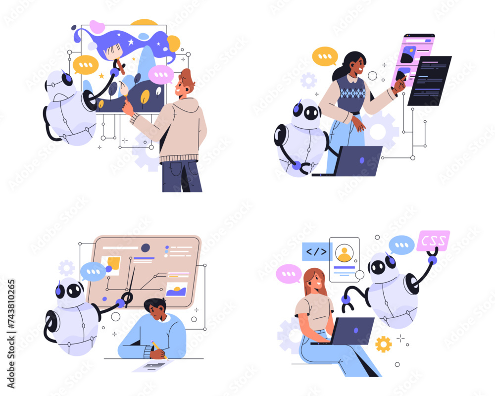 Aufkleber Set of artificial intelligence or AI helpers. Vector cartoon robot help people coding and drawing picture, analyze big data and study lecture. Chat bot teach or machine learning making artwork