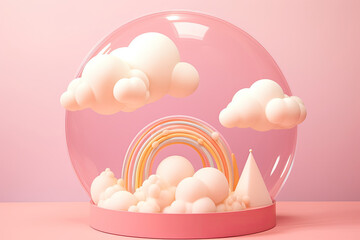 Naklejka premium glass sphere with rainbow and white clouds inside isolated on pink background. glass ball.