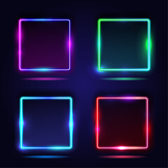 Set of vector gradient neon frames. Isolated light square or led rectangle, glowing shape or ui border. Electric box for disco or party, bar or club show label or sign. Line element for background