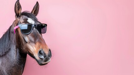Funny horse wearing sunglasses on pastel color background with copy space for text placement