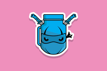 Ninja Mascot with Jar Mug and Metal Swords Sticker vector illustration. Food and drink object icon concept. Summer fresh juice sticker icon logo. Creative ninja juice sticker logo icon.
