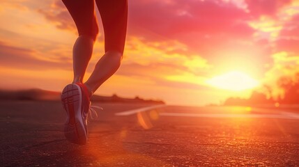 Runner athlete feet running on road. woman fitness silhouette sunrise jog workout wellness concept.