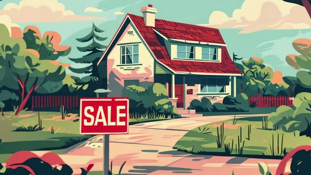 Two-story house with a white facade. Red for sale sign invite potential buyers. Real estate purchase concept. New home rent or mortgage ad. Advertisement in front of modern property. Housing market.
