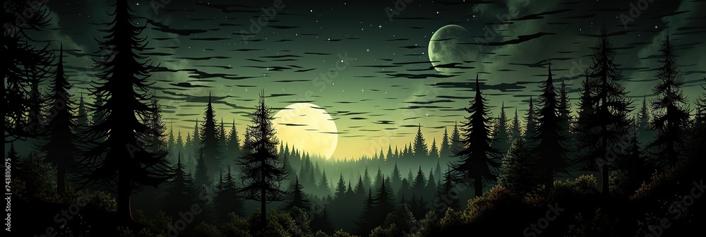 Poster a serene painting of a dense forest under a starry night sky, illuminated by the soft glow of a full