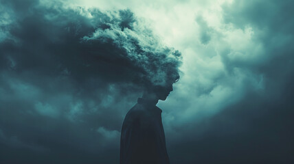 Depression's Grip: A dark and heavy cloud looming over a person, representing the suffocating grip of depression and its impact on mental well-being - obrazy, fototapety, plakaty