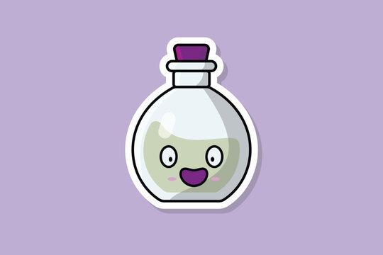 Potion Bottle with Cartoon Character Sticker vector illustration. Science object icon concept. Laughing cartoon with Potion sticker vector design.
