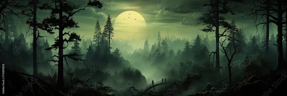 Poster a mesmerizing painting of a dense forest bathed in the ethereal light of a full moon, casting a myst
