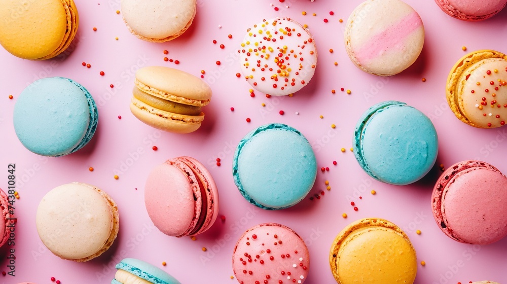 Poster a vibrant and colorful background created from an assorted collection of delicious macarons