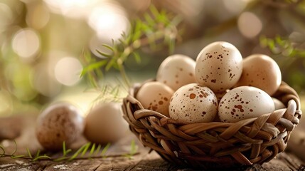 Obraz premium top veiw basket of duck eggs on a wooden table over farm in the countryside