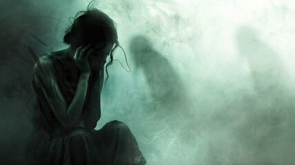 Haunted by Memories: A haunting image of a person haunted by painful memories, with ghostly figures or shadows symbolizing past traumas