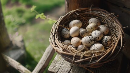 top veiw basket of duck eggs on a wooden table over farm in the countryside