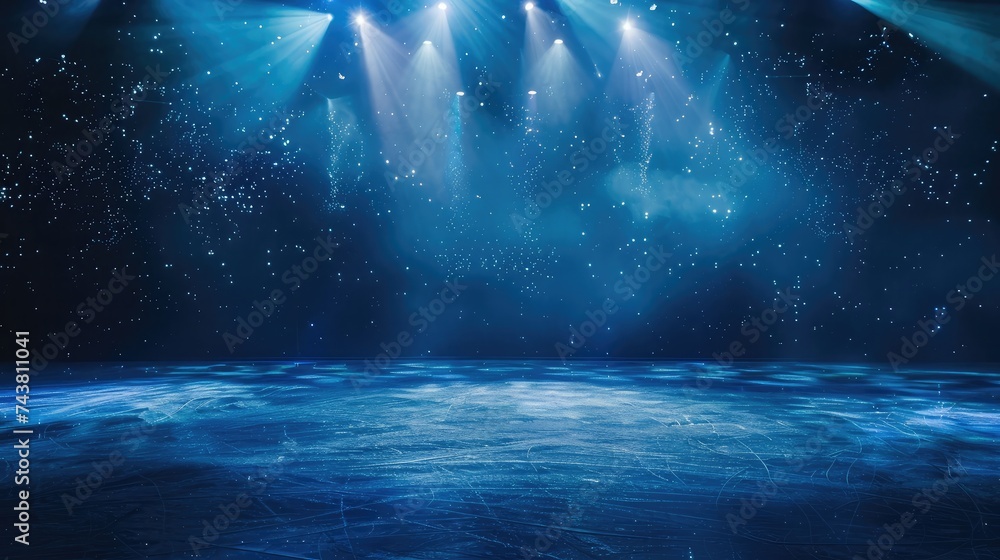 Poster background. beautiful empty winter background and empty ice rink with lights. spotlight shines on th