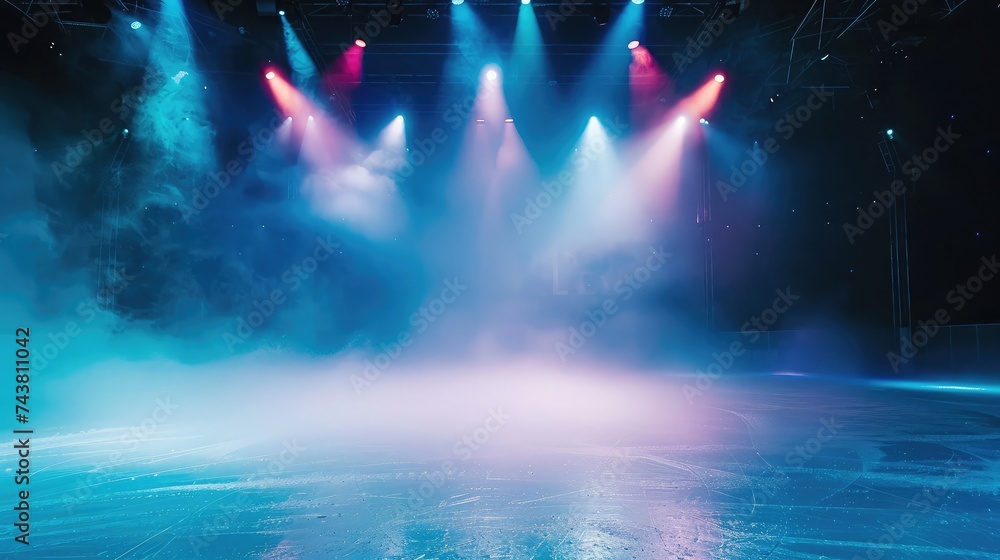 Poster background. beautiful empty winter background and empty ice rink with lights. spotlight shines on th