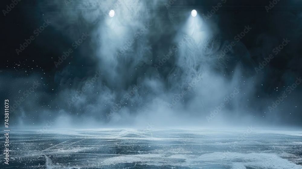 Poster background. beautiful empty winter background and empty ice rink with lights. spotlight shines on th