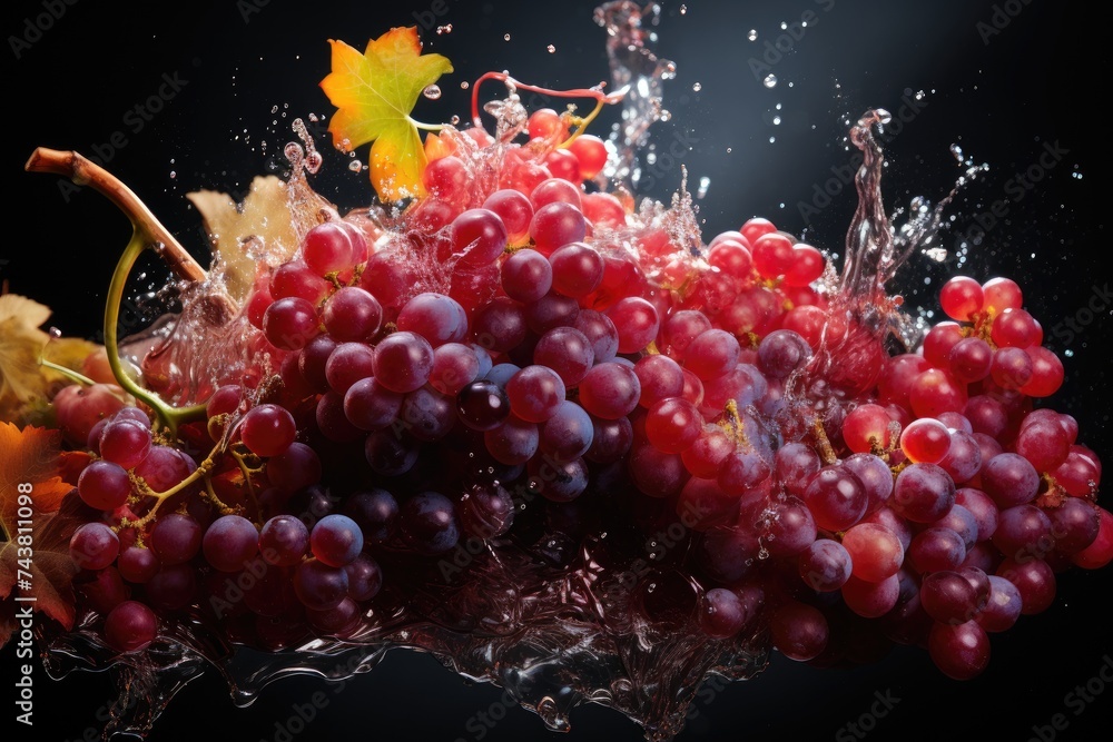Poster a bunch of grapes being splashed with water, creating a refreshing and vibrant effect as the droplet