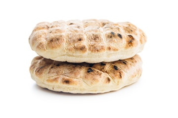 Arabic flat pita bread isolated on white background.