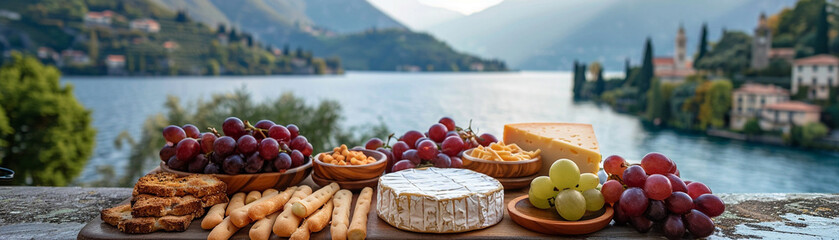 Lake Como with cheese and wine selection on wooden table. Panoramic view of Italian landscape for travel and gastronomy concept. Design for postcard and travel brochure with copy space - obrazy, fototapety, plakaty
