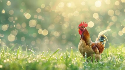 Beautiful Rooster standing on the grass in blurred nature green background.rooster going to crow. - obrazy, fototapety, plakaty