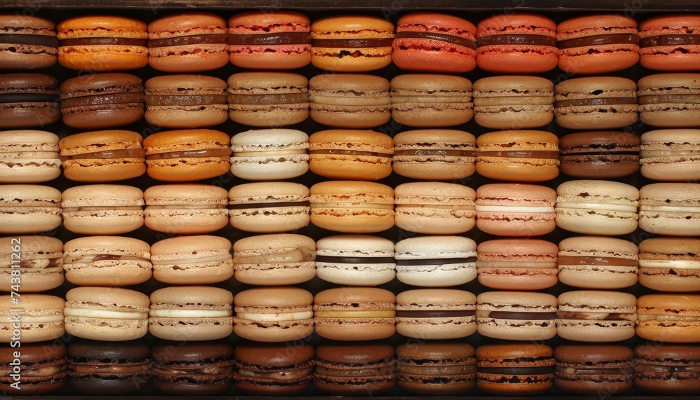 Poster assorted vibrant macarons creating a colorful and appetizing background for design purposes