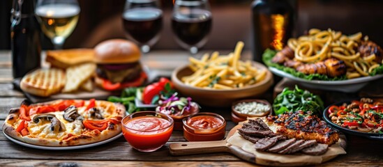 Various food and drinks displayed on a wooden table in a restaurant. Includes tomato soup, hamburger, french fries, pasta, sea food, pizza, and alcohol.