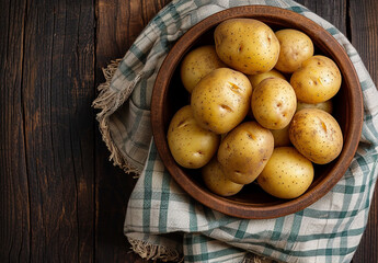 Raw potato in a bowl on a dark rustic wooden background, top view.