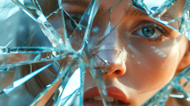 Broken Mirror: An image of a shattered mirror, reflecting fragmented images of a person's identity, symbolizing a fractured sense of self
