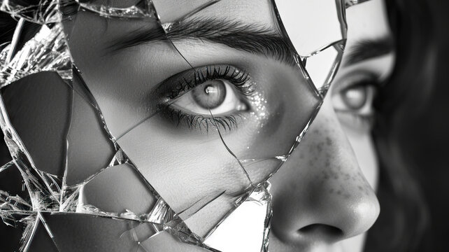 Broken Mirror: An image of a shattered mirror, reflecting fragmented images of a person's identity, symbolizing a fractured sense of self
