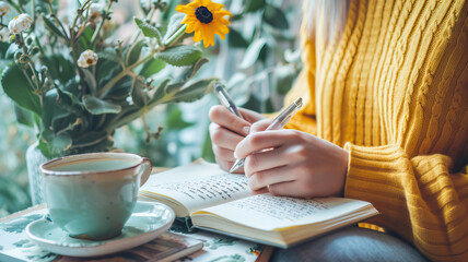 Gratitude Journaling: A person writing in a journal surrounded by uplifting quotes and images, reflecting on things they are grateful for