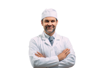 Portrait of a smiling professional chef with crossed arms pose, isolated on transparent background