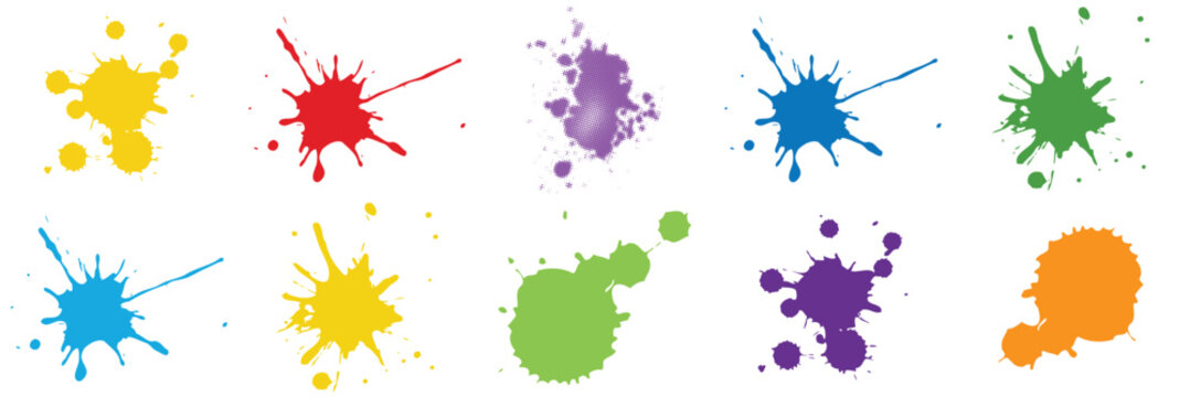 Color paint splatter. Spray paint blot element. Colorful ink stains mess. Colorful paint splatters. Watercolor spots in raw and paint splashes collection, vector illustration drop splatter paint.