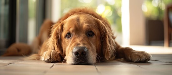 A close-up photo of a Golden Retriever peacefully laying on a tile floor in a park hallway.